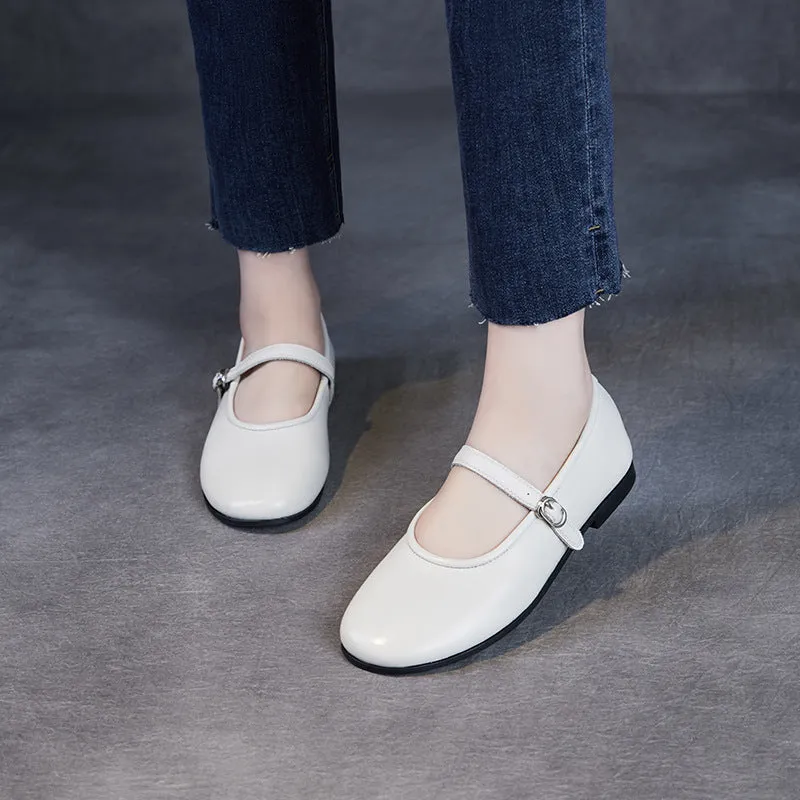 Womens Cowhide Buckle With Round Toe Comfortable Flat Mary Jane Shoes