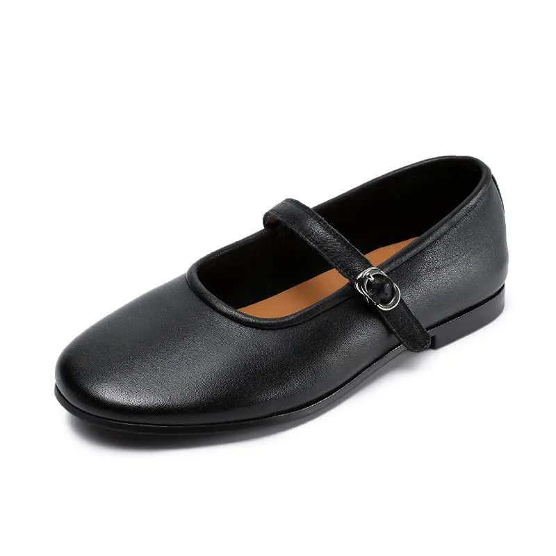 Womens Cowhide Buckle With Round Toe Comfortable Flat Mary Jane Shoes