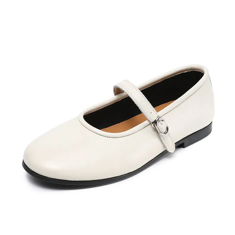 Womens Cowhide Buckle With Round Toe Comfortable Flat Mary Jane Shoes