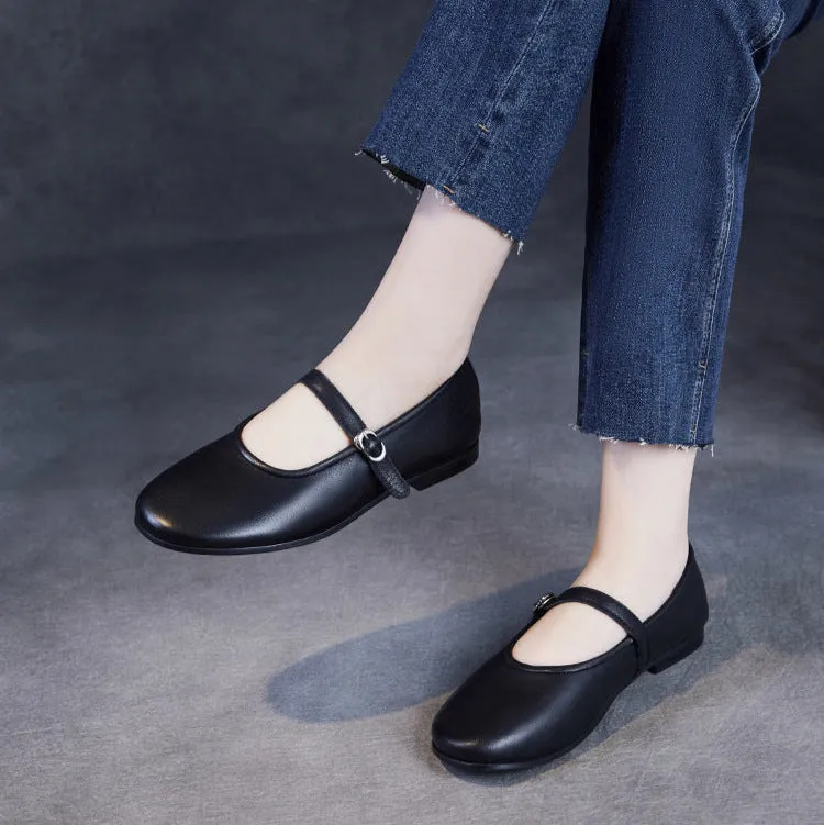 Womens Cowhide Buckle With Round Toe Comfortable Flat Mary Jane Shoes