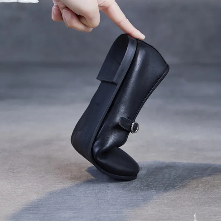 Womens Cowhide Buckle With Round Toe Comfortable Flat Mary Jane Shoes