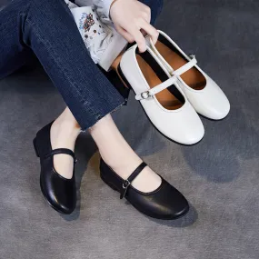 Womens Cowhide Buckle With Round Toe Comfortable Flat Mary Jane Shoes