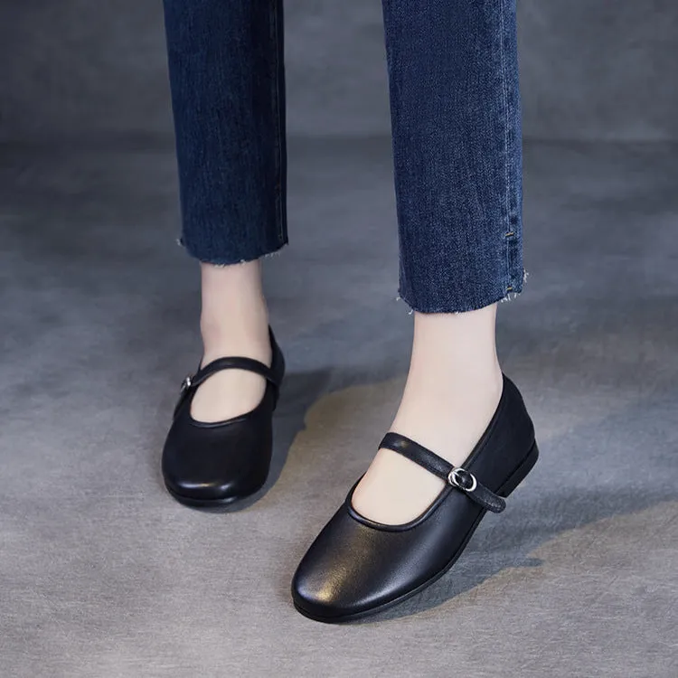 Womens Cowhide Buckle With Round Toe Comfortable Flat Mary Jane Shoes