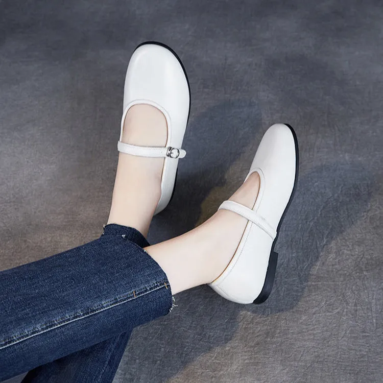 Womens Cowhide Buckle With Round Toe Comfortable Flat Mary Jane Shoes