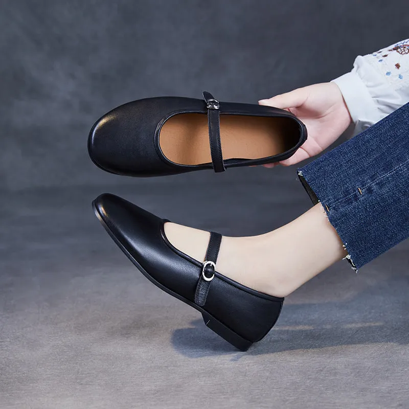 Womens Cowhide Buckle With Round Toe Comfortable Flat Mary Jane Shoes