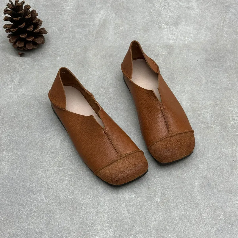 Women's Handmade Cowhide Flat Retro Square Toe Literary Casual Shoes
