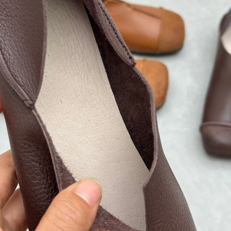 Women's Handmade Cowhide Flat Retro Square Toe Literary Casual Shoes