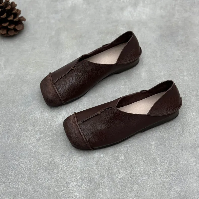 Women's Handmade Cowhide Flat Retro Square Toe Literary Casual Shoes