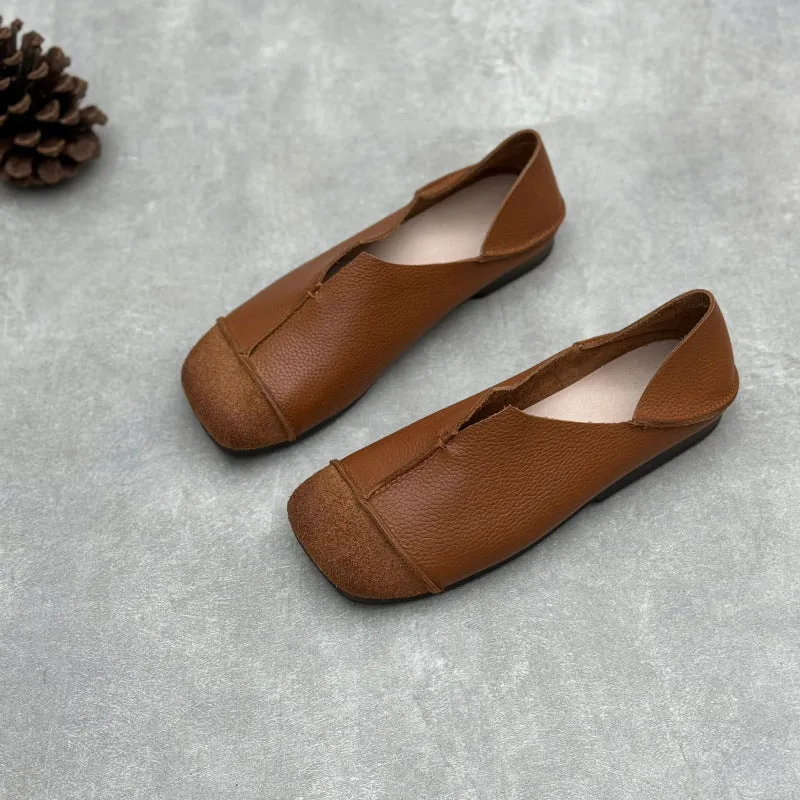 Women's Handmade Cowhide Flat Retro Square Toe Literary Casual Shoes