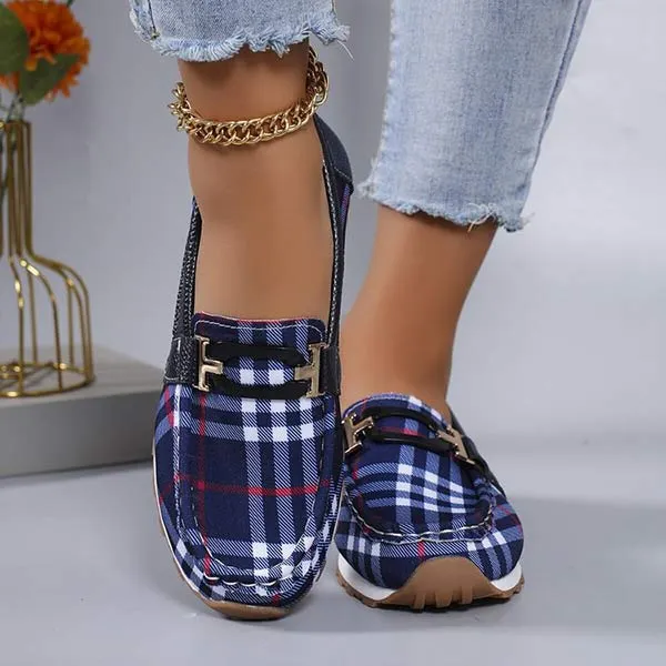 Women's Plaid Low-Cut Loafers with Metallic Buckle 62011694C