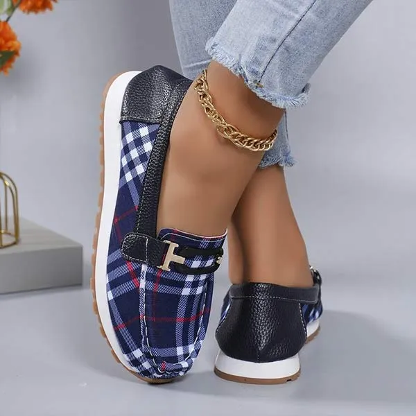 Women's Plaid Low-Cut Loafers with Metallic Buckle 62011694C