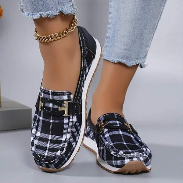 Women's Plaid Low-Cut Loafers with Metallic Buckle 62011694C