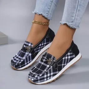 Women's Plaid Low-Cut Loafers with Metallic Buckle 62011694C
