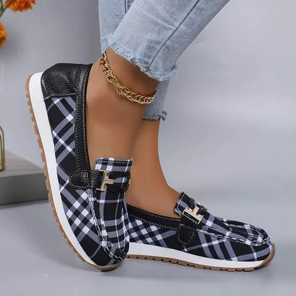 Women's Plaid Low-Cut Loafers with Metallic Buckle 62011694C