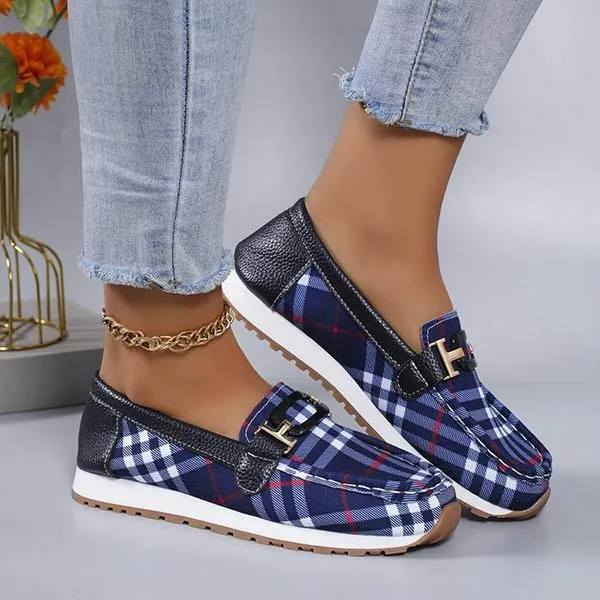 Women's Plaid Low-Cut Loafers with Metallic Buckle 62011694C