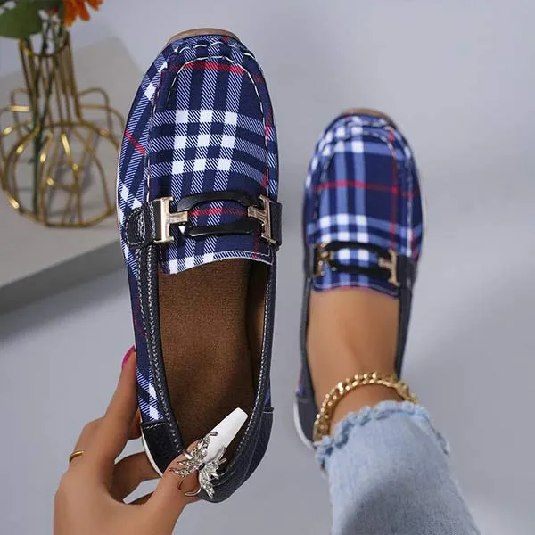 Women's Plaid Low-Cut Loafers with Metallic Buckle 62011694C