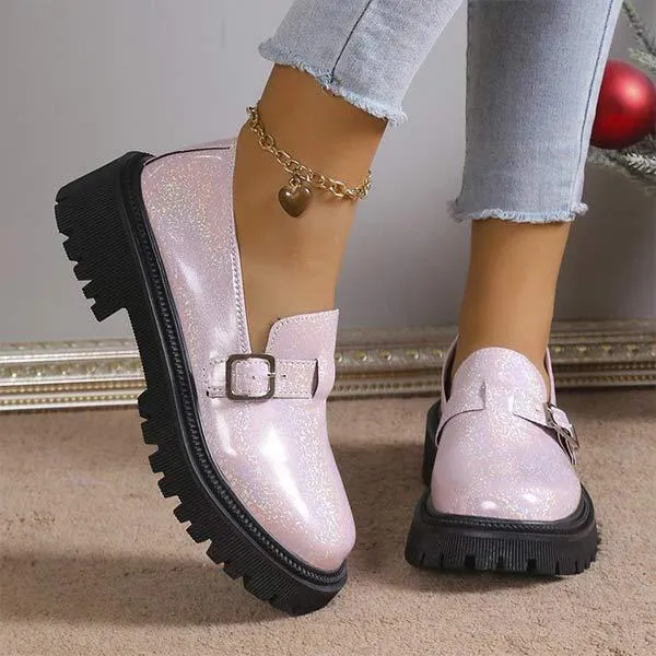 Women's Round Toe Square Heel Pink Belt Buckle Shoes 68161796C