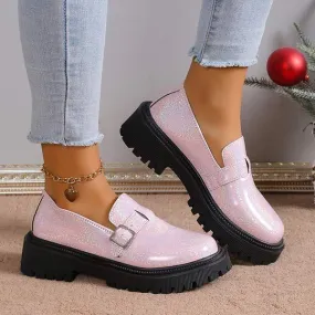 Women's Round Toe Square Heel Pink Belt Buckle Shoes 68161796C