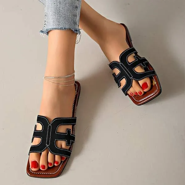 Women's Square-Toe Flat Hollow Slippers 37337417C