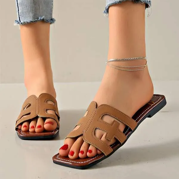 Women's Square-Toe Flat Hollow Slippers 37337417C
