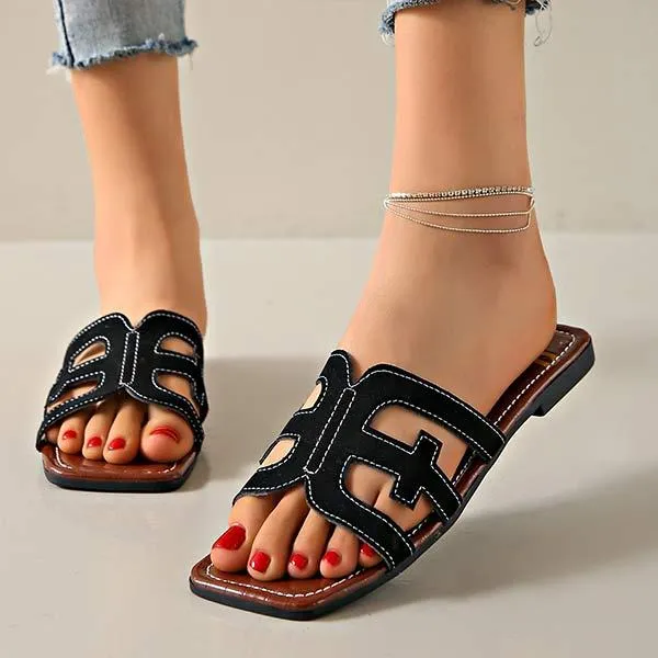 Women's Square-Toe Flat Hollow Slippers 37337417C