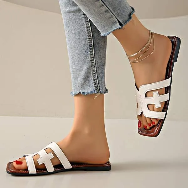 Women's Square-Toe Flat Hollow Slippers 37337417C