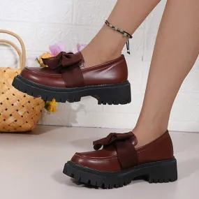 Women's Thick Heel Solid Color Bow Shoes Slip-On Loafers 74170646C