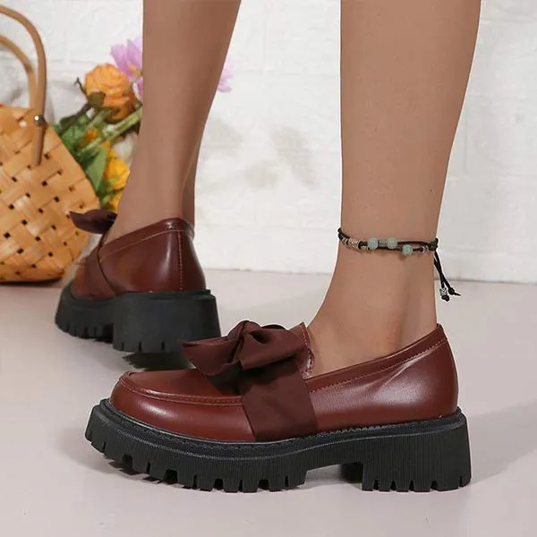 Women's Thick Heel Solid Color Bow Shoes Slip-On Loafers 74170646C
